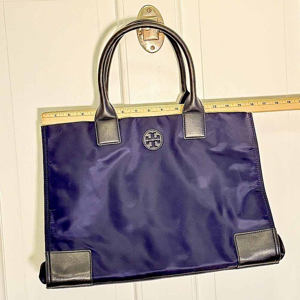 Tory Burch Dark Blue Leather Trim Tote